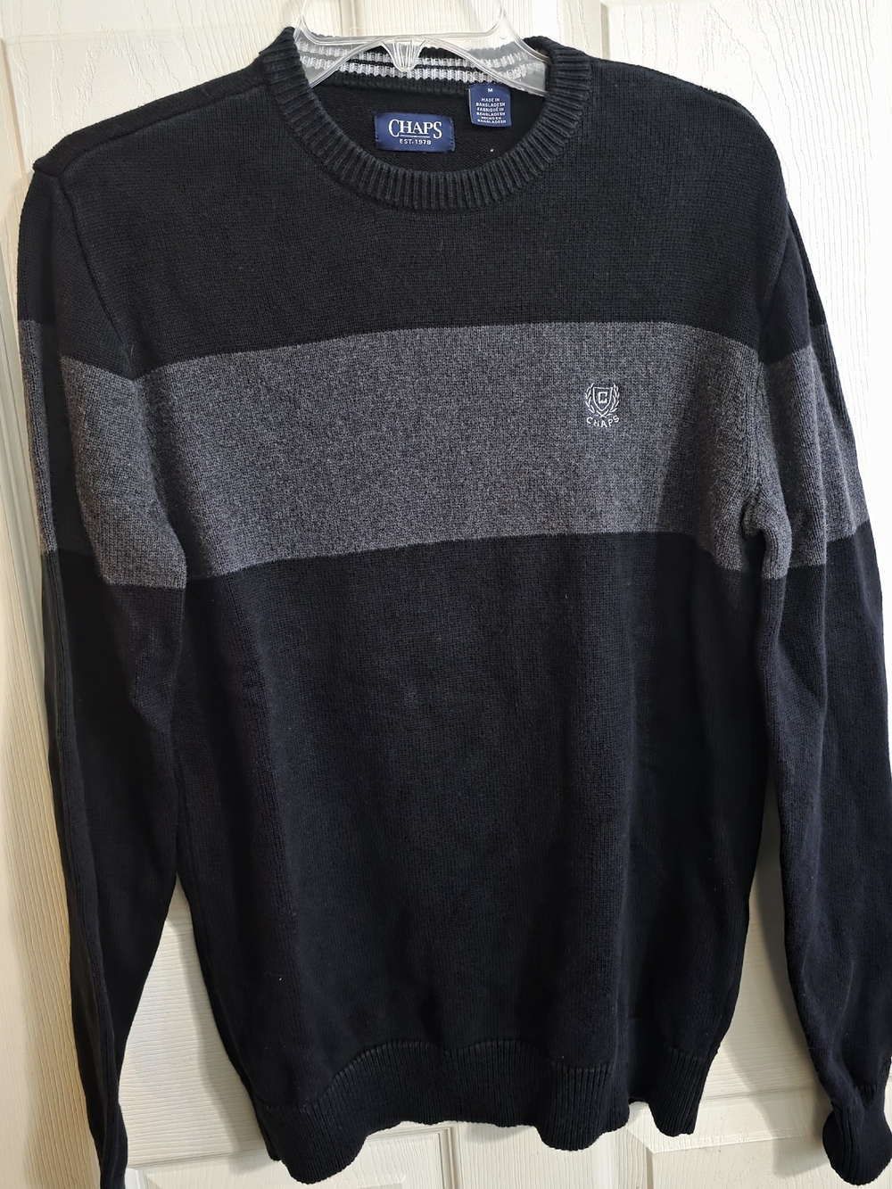 Chaps Men’s Black with Gray Stripe Crewneck Sweater